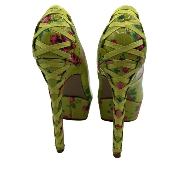 Betsey Johnson NEW Women 5M Floral Green High Heel Platform Pumps Lace Up Ribbon - Picture 4 of 15